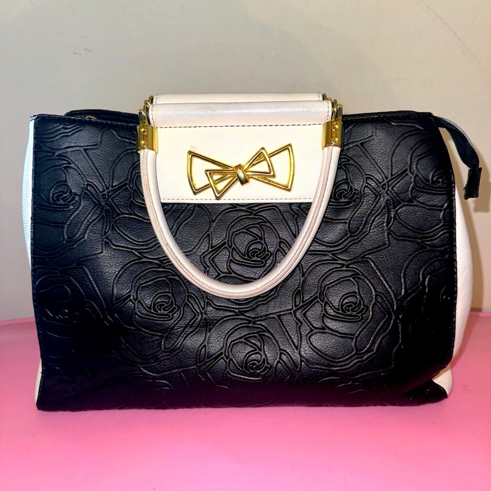 Betsey Johnson Quilted Rose Black and White Bow Purse